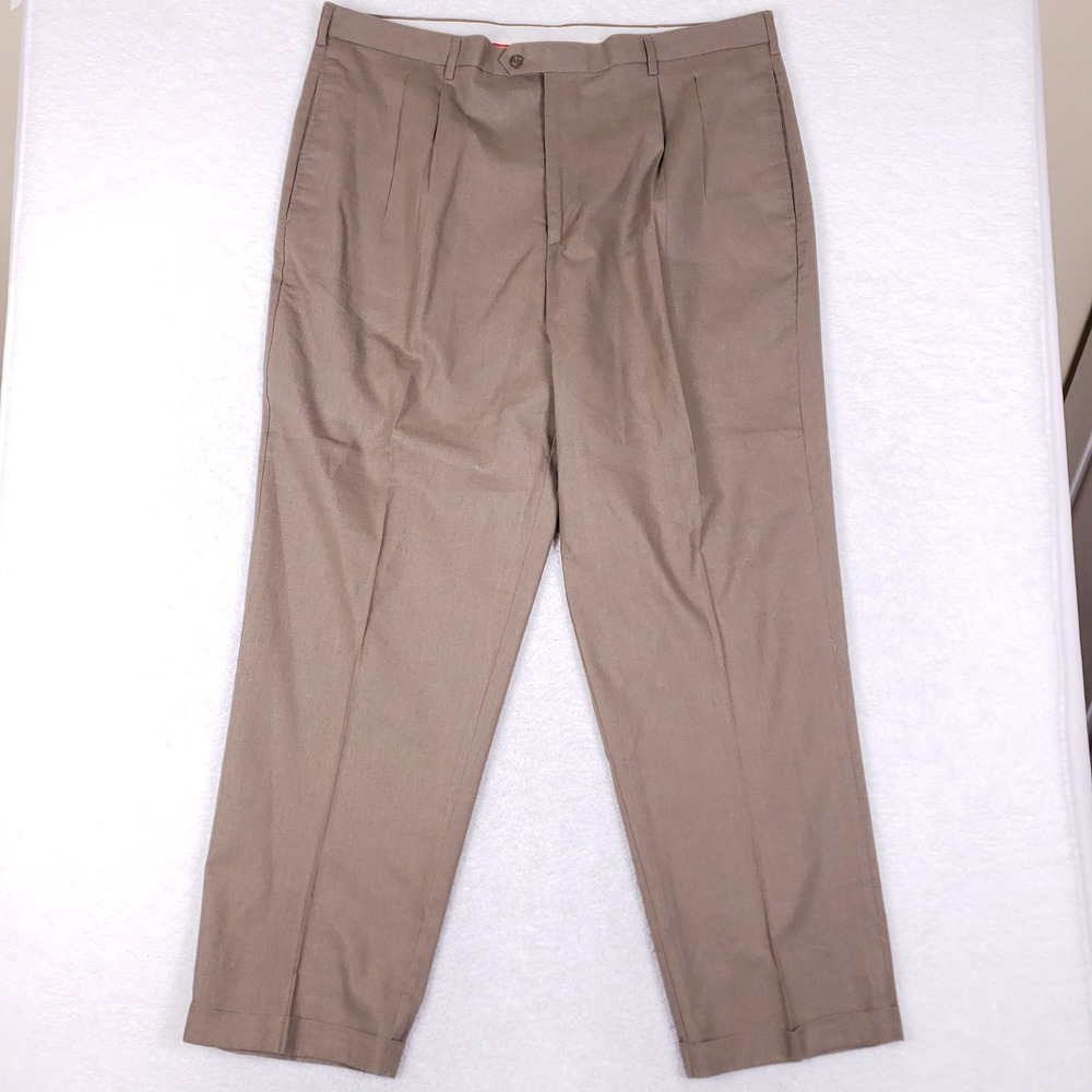 Trust Mens Linen Rayon Blend Pleated Cuffed Dress Pants Taupe Brown W44 L32